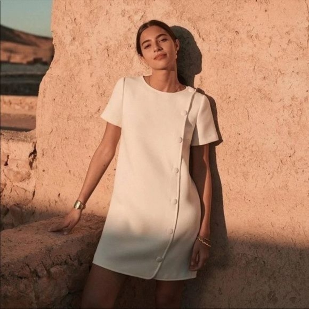 Sezane Asymmetrical Buttoned Mini Dress in White